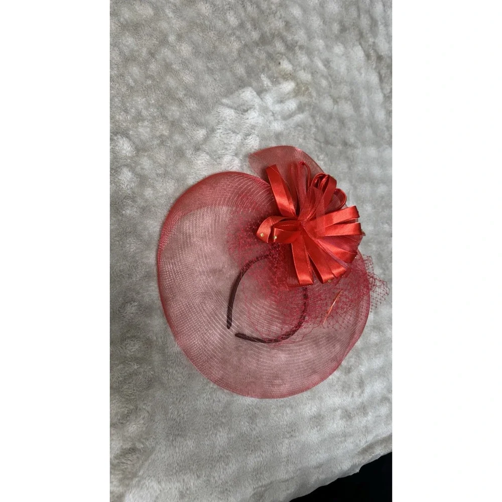 Red Fascinator Hat Headband Mesh Veil